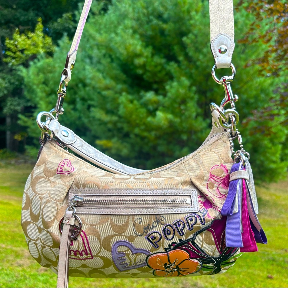 Coach Beige Signature Canvas Poppy Patch Crossbody with Purple & Pink Tassels